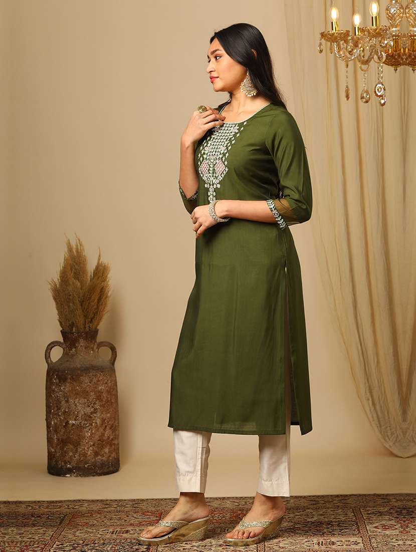 women's green round neck zari embroidered yoke design straight calf length ethnic kurta - 21511685 -  Standard Image - 1