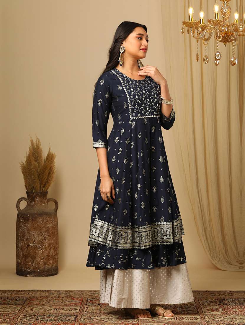 women's blue ethnic motif embroidered sequinned yoke foil jaal print layered anarakali kurta - 21511686 -  Standard Image - 1