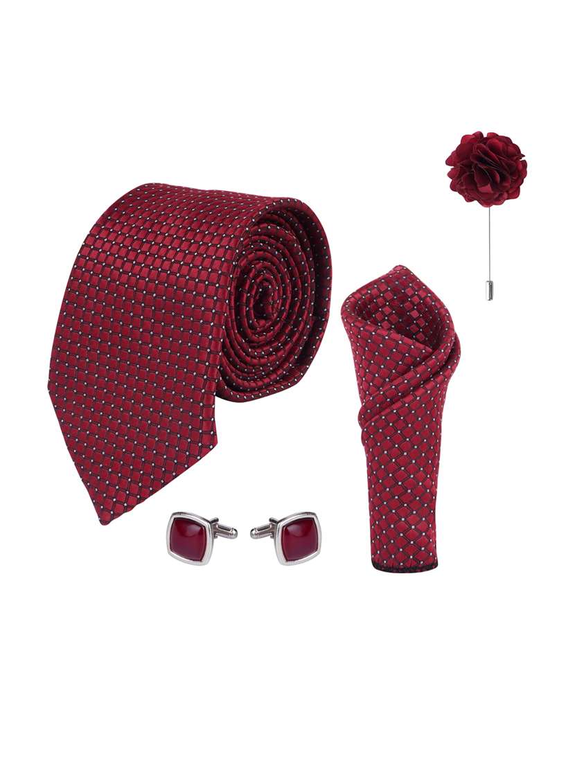 men maroon cotton blend tie set