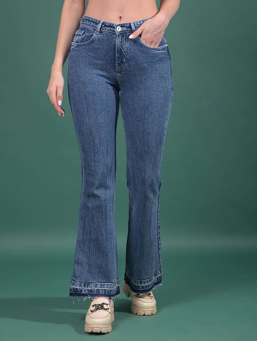 women blue cotton blend bootcut jeans