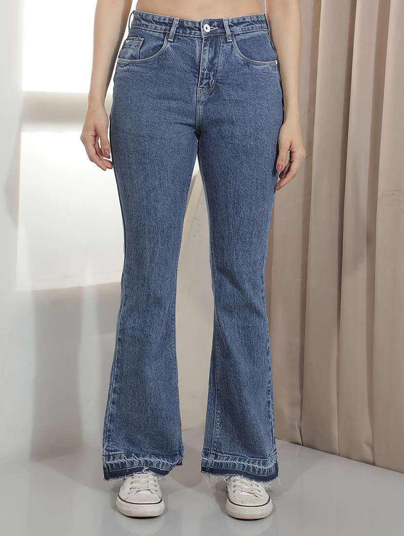 women blue cotton blend bootcut jeans