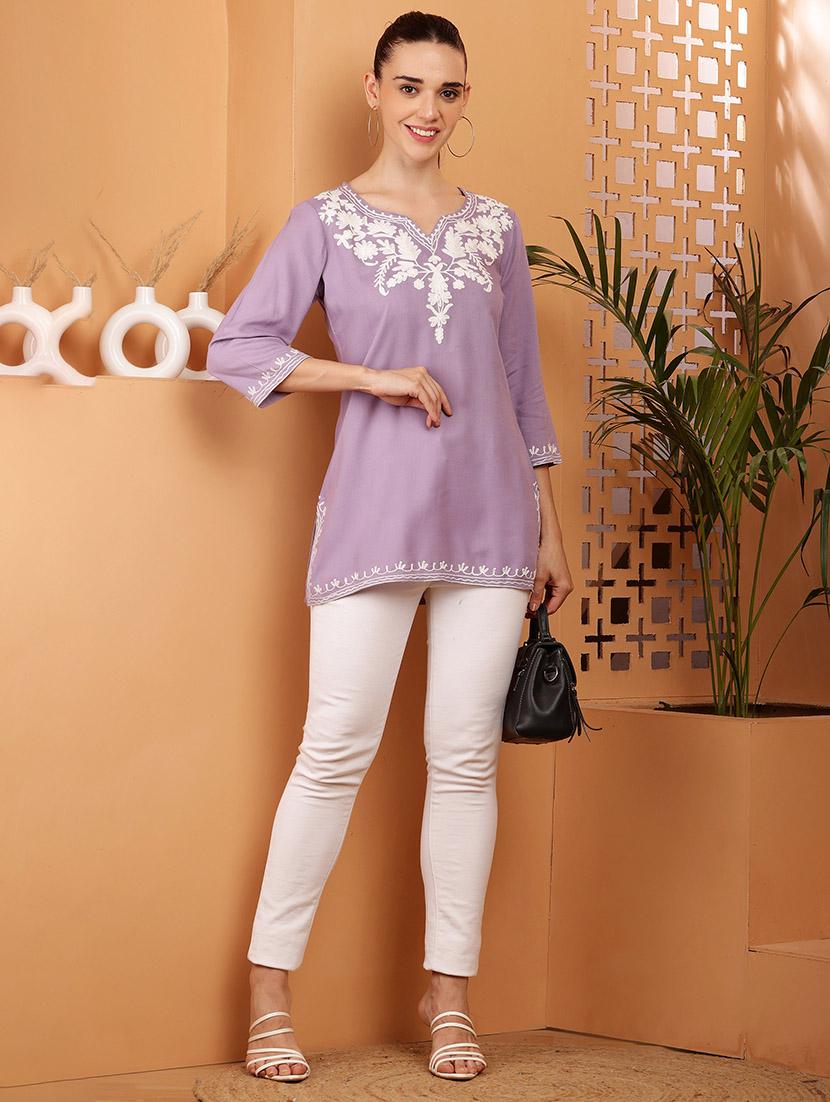 women lavender embroidered straight kurti - 21512042 - Standard Image - 4