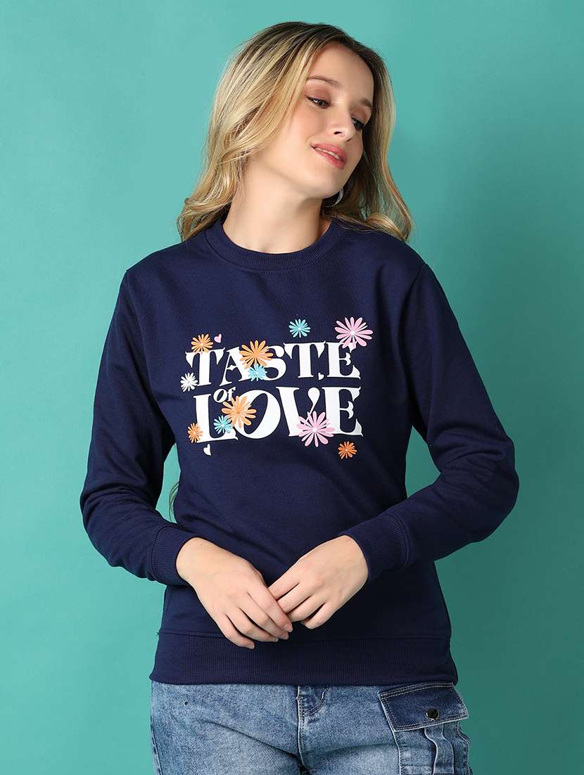 women navy blue front print sweatshirt