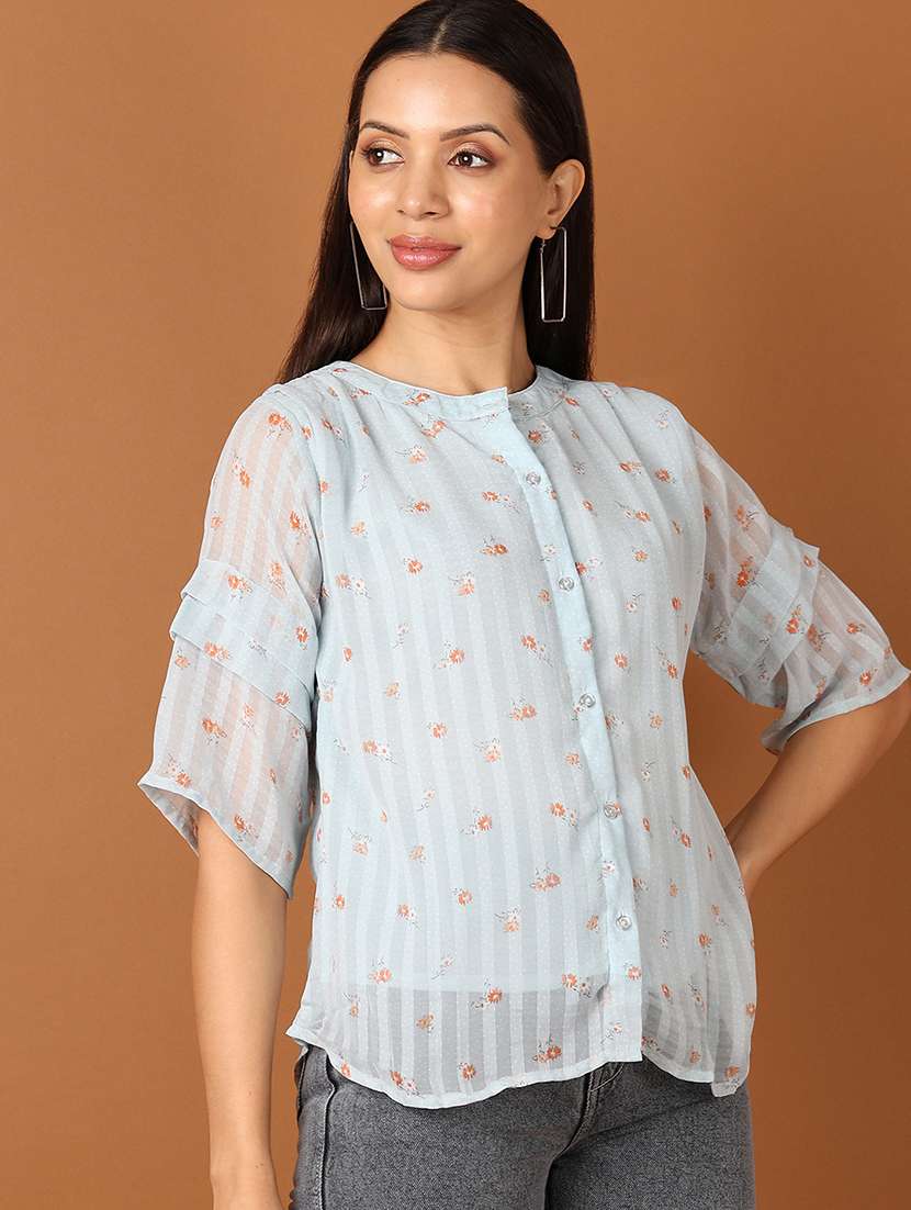 womne light blue floral shirt top - 21512626 -  Standard Image - 1