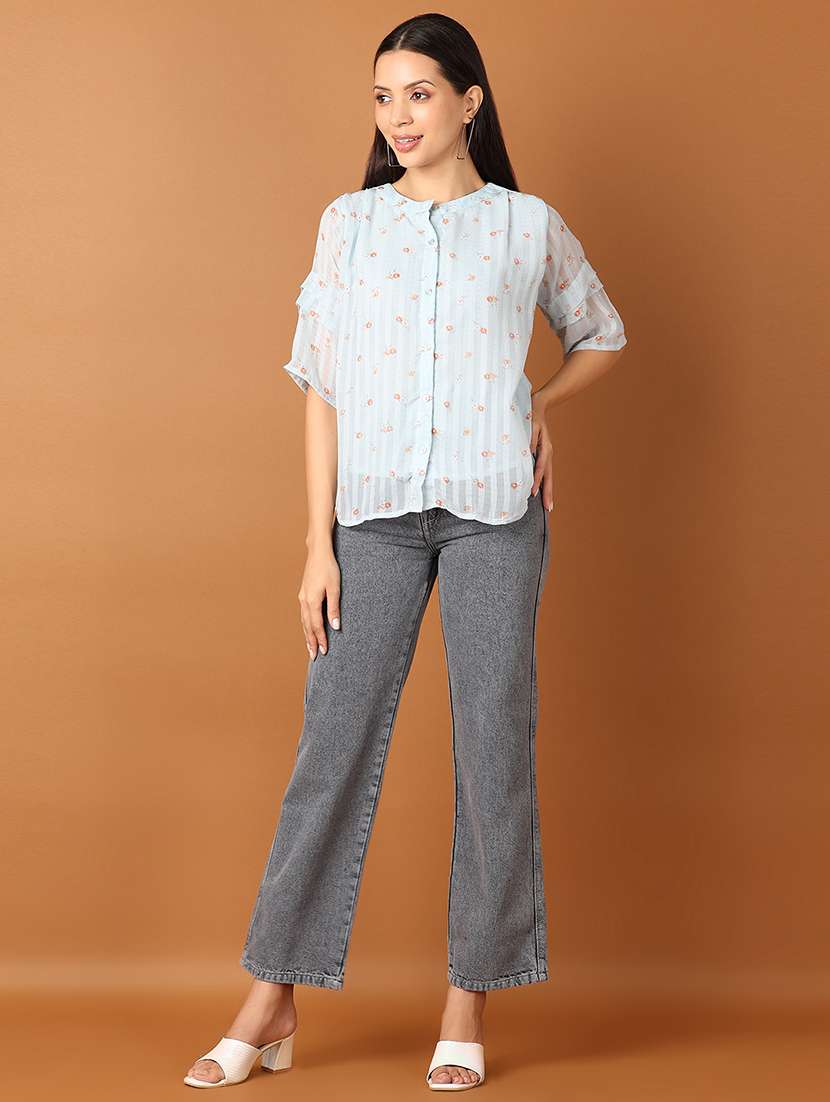 womne light blue floral shirt top - 21512626 -  Standard Image - 4