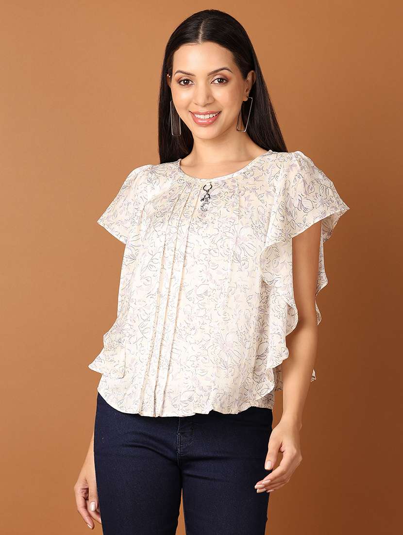 women cream floral printed regular top
