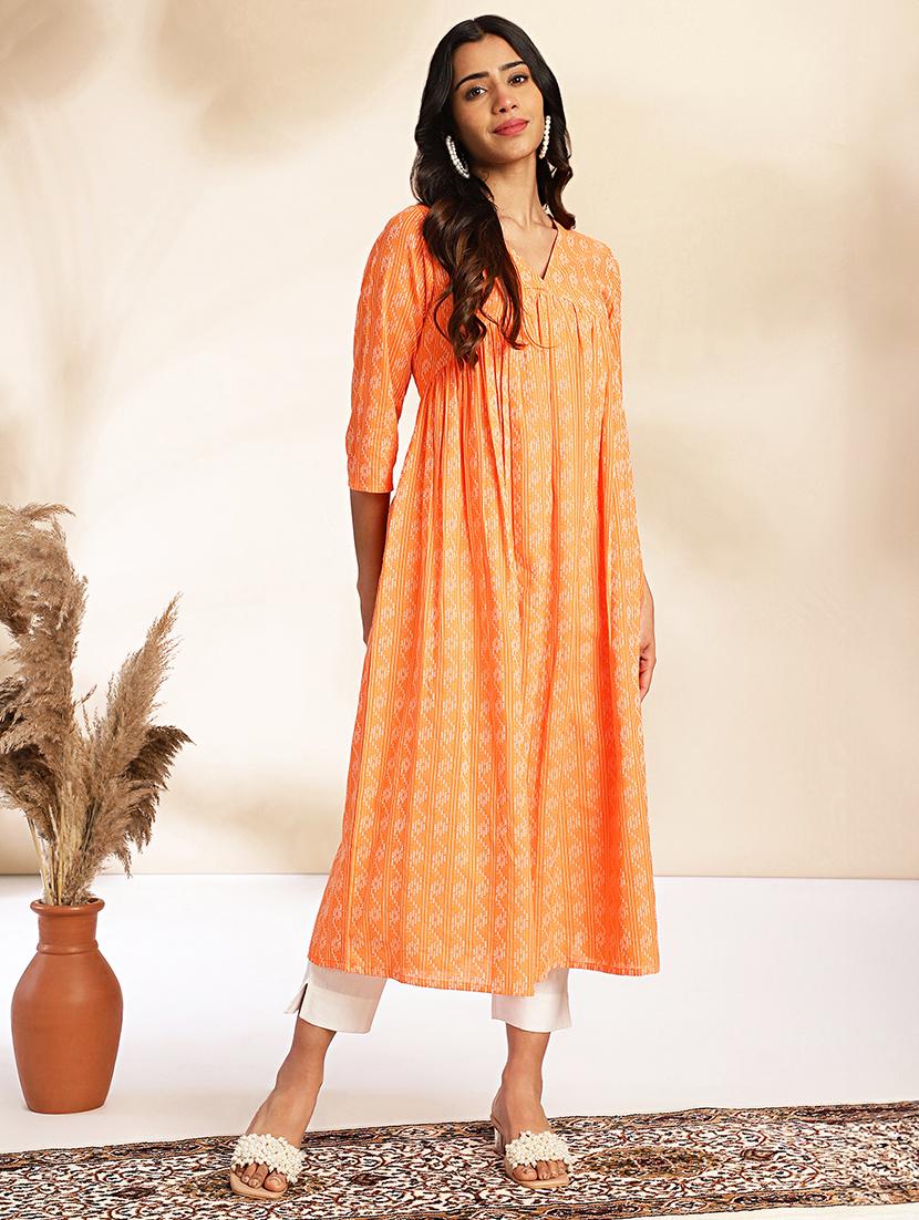 orange cotton flared kurta - 21512799 - Zoom Image - 0
