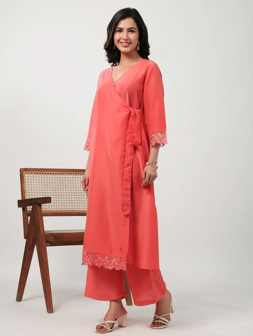 women peach solids kurta palazzo set - 21512805 -  Standard Image - 1