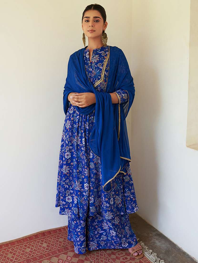 women blue floral kurta palazzo set with dupatta