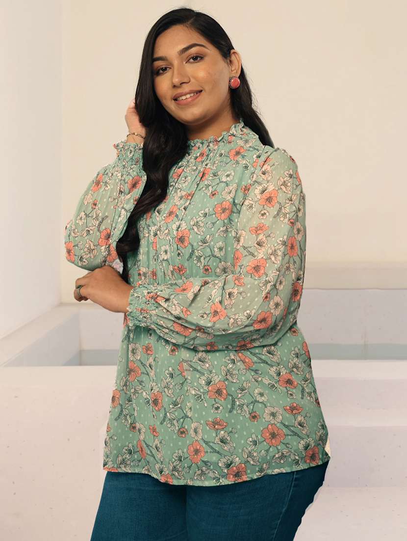 women sea green georgette straight top - 21512834 -  Standard Image - 1