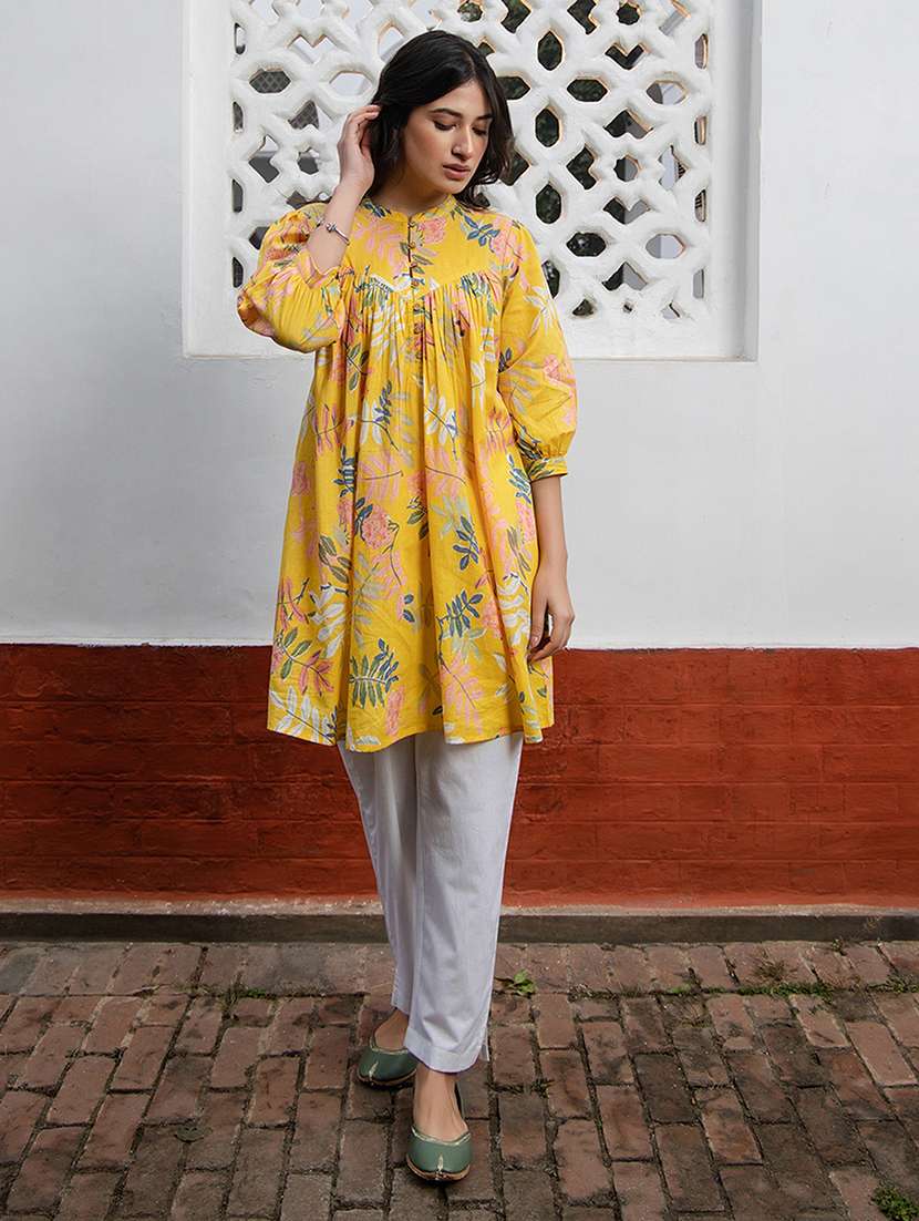 women yellow cotton flared tunic
