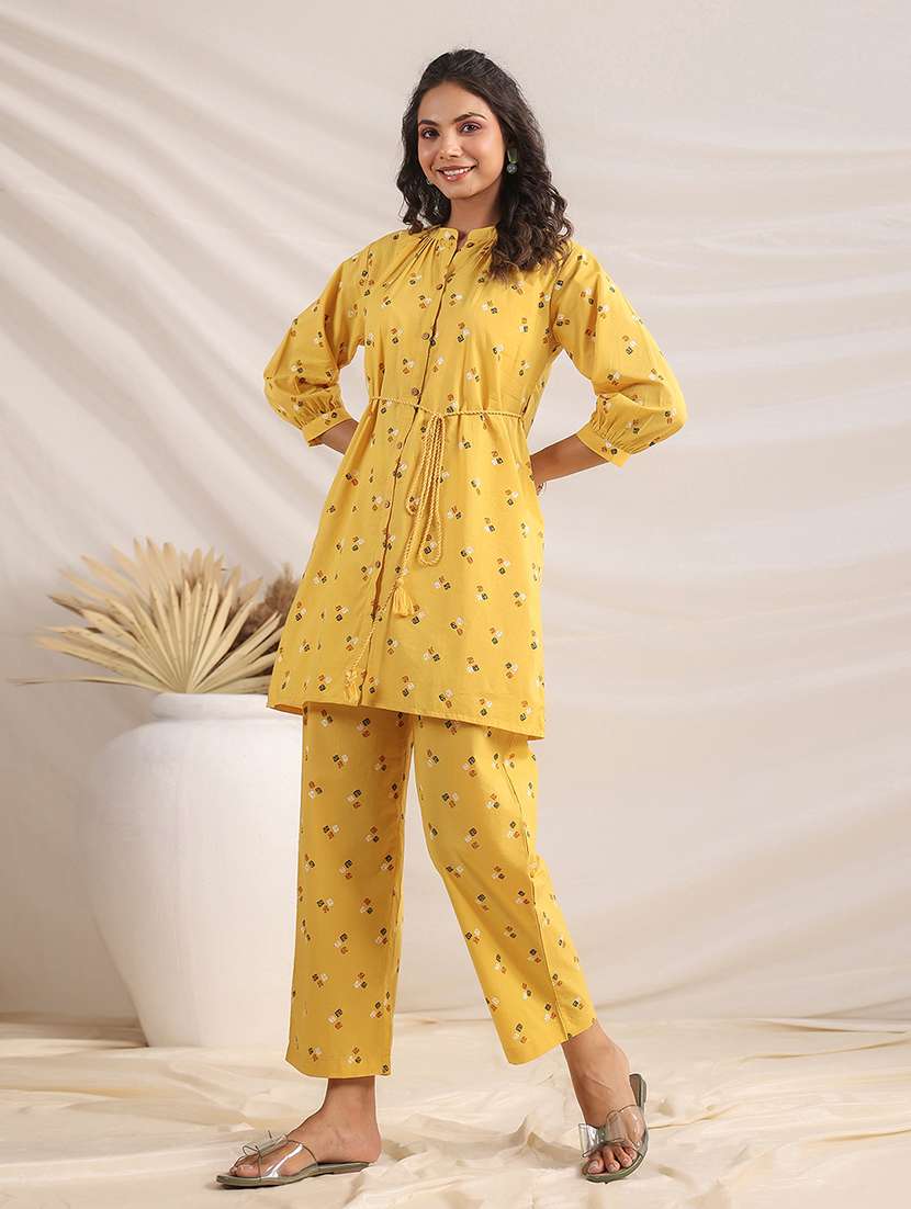 women yellow printed mandarin neck co-ord sets - 21512858 -  Standard Image - 1