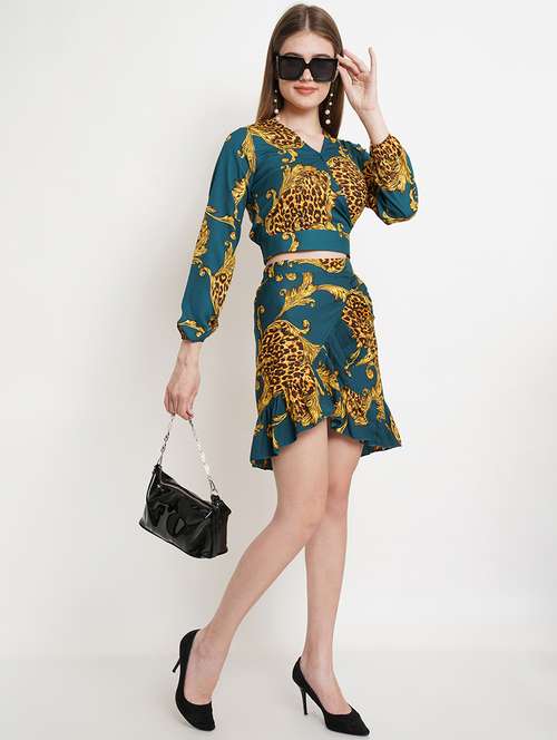 women teal printed top & skirt co-ord set - 21512905 -  Standard Image - 0