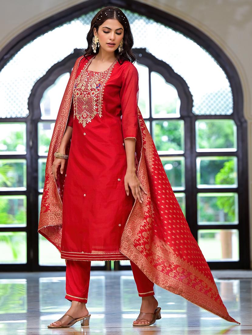 women three quarter sleeve kurta pant with dupatta set - 21513283 - Standard Image - 1