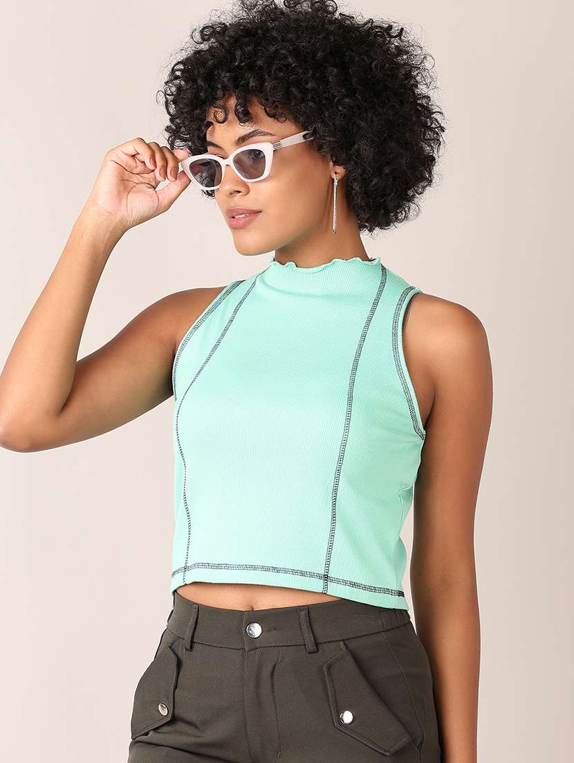 women solid mock neck sleeveless crop top - 21513508 -  Standard Image - 1