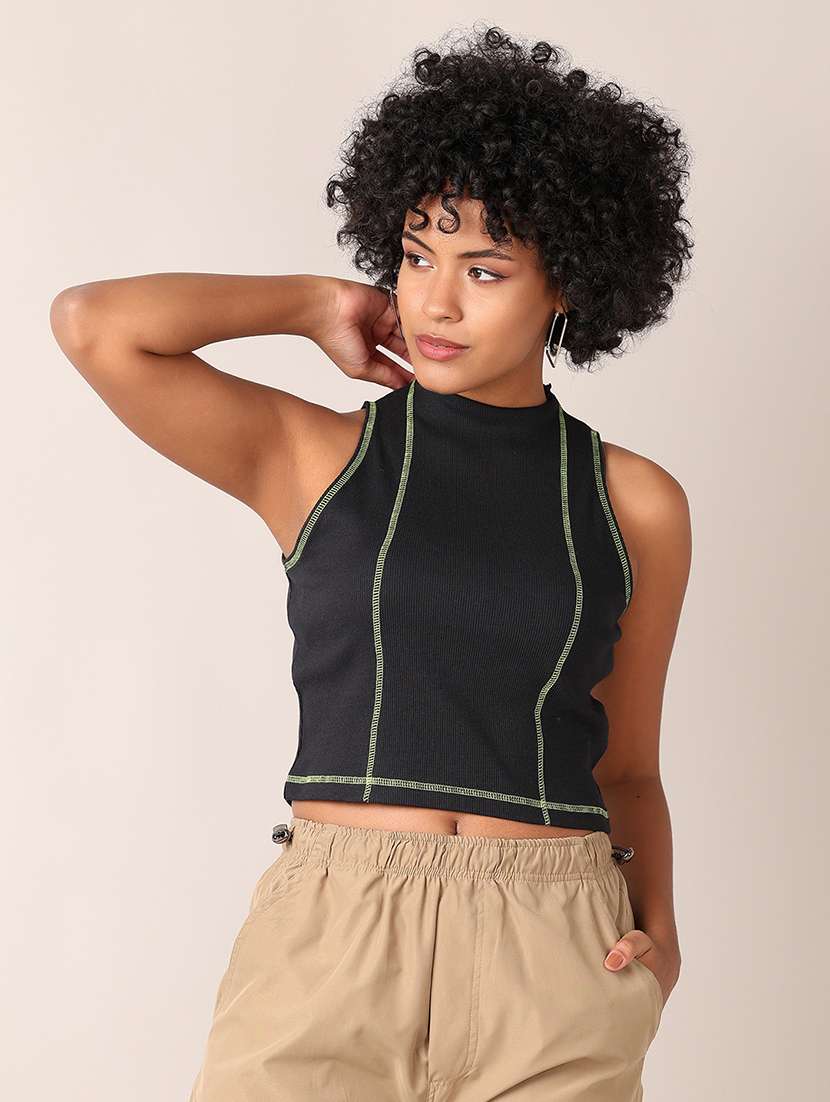 women solid mock neck sleeveless crop top