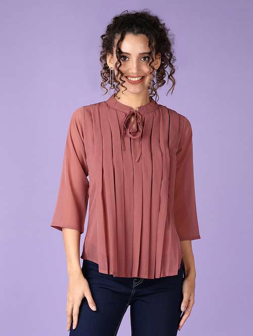 women solid tie-up neck three quarter sleeve top - 21513513 - Standard Image - 0