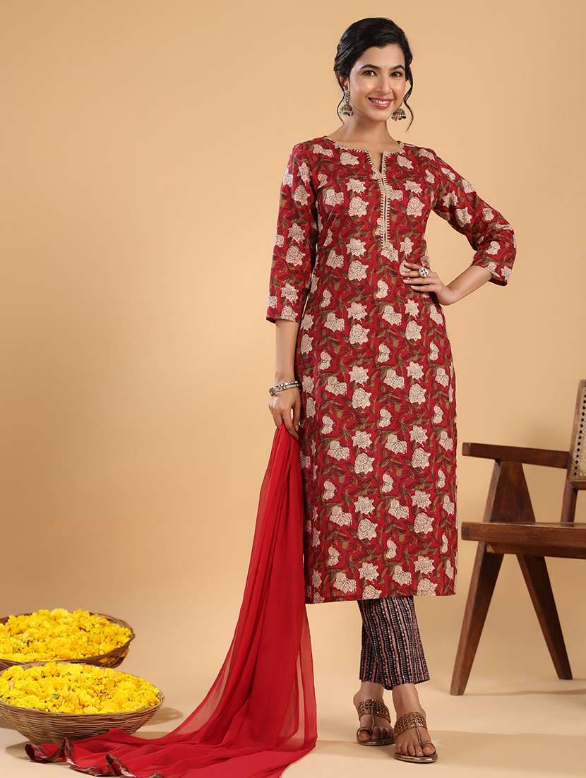women three quarter sleeve kurta pant with dupatta set - 21513859 -  Standard Image - 1