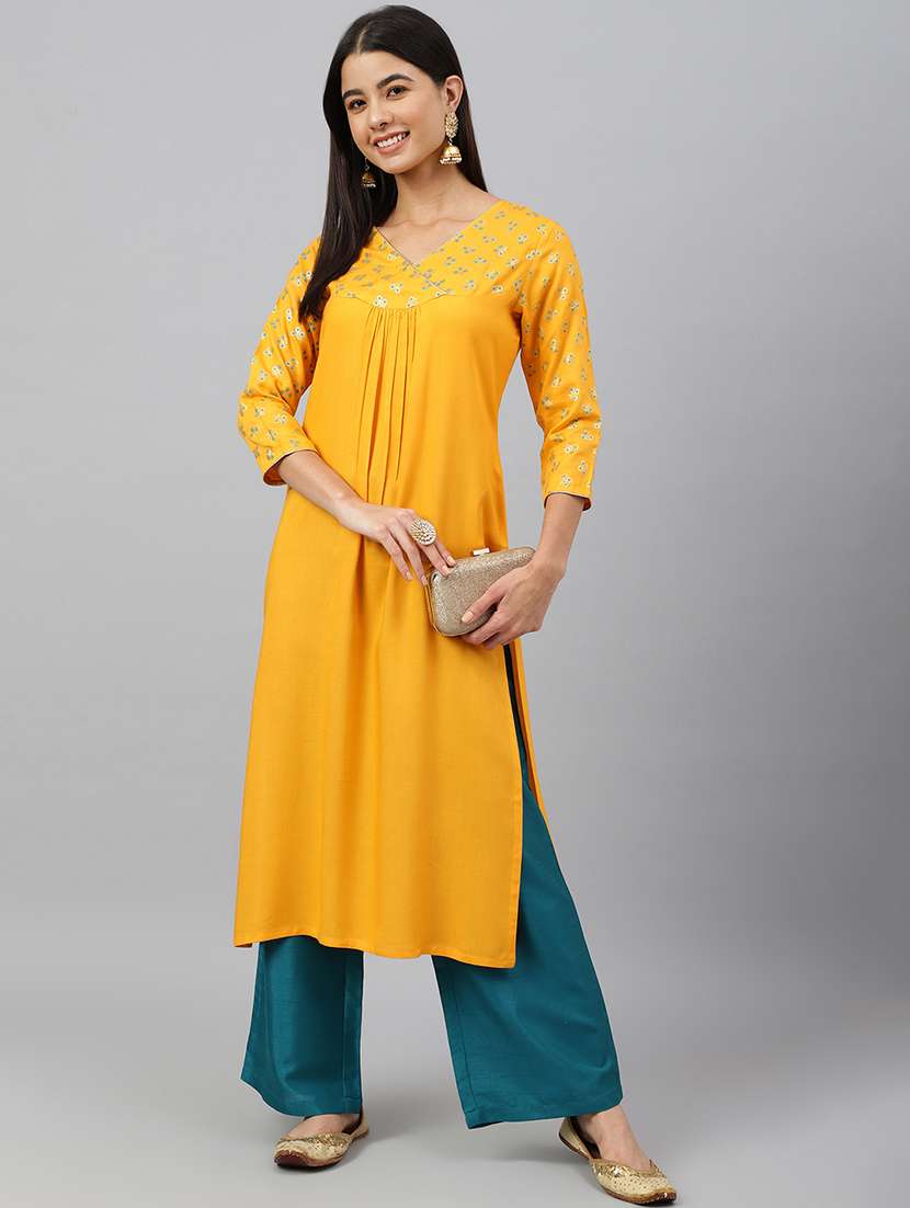 women mellow yellow rayon straight kurta