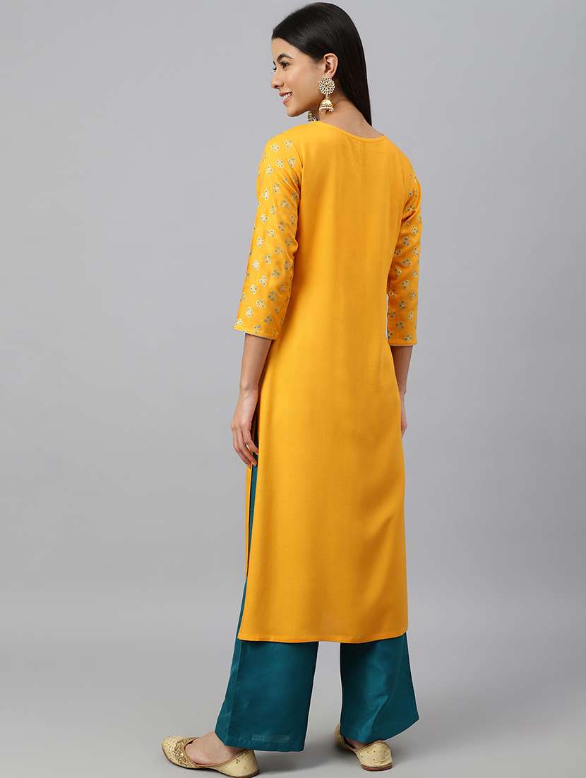 women mellow yellow rayon straight kurta - 21514061 -  Standard Image - 4