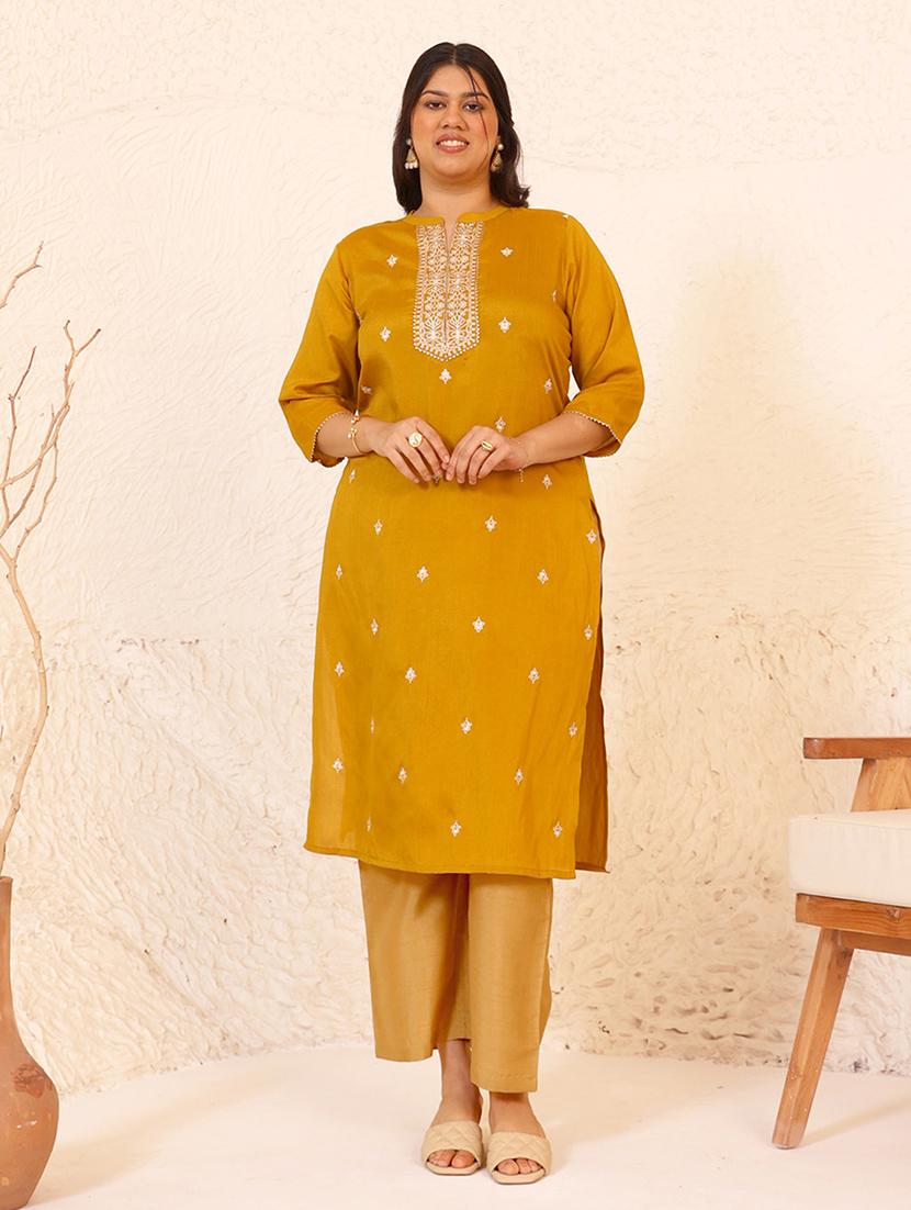 women mustard silk blend straight kurta - 21514069 - Standard Image - 1