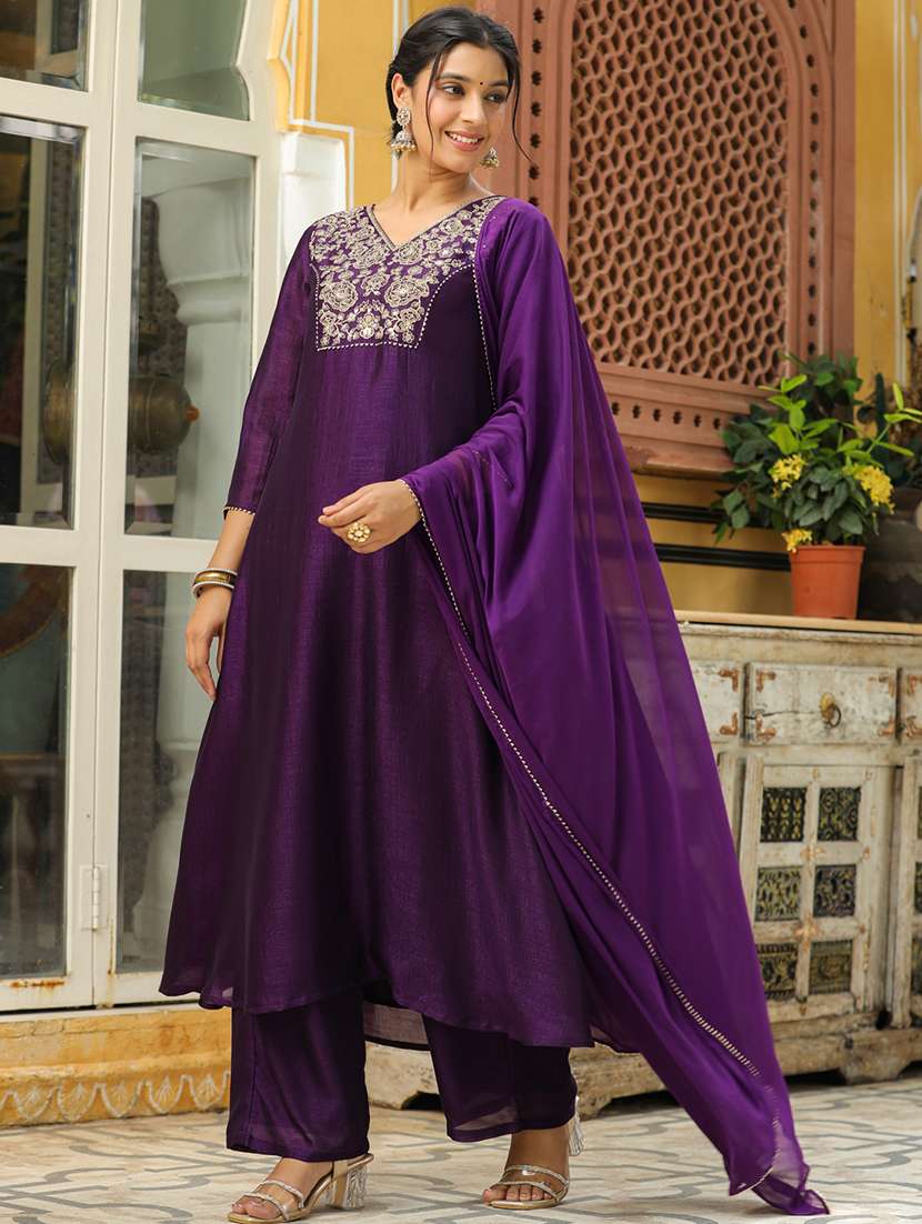 women three quarter sleeve kurta palazzo with dupatta set - 21514115 -  Standard Image - 1