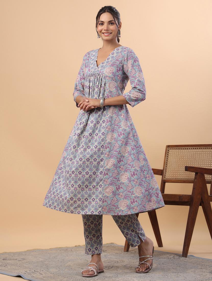 light blue floral printed kurta pant set - 21514169 - Standard Image - 1