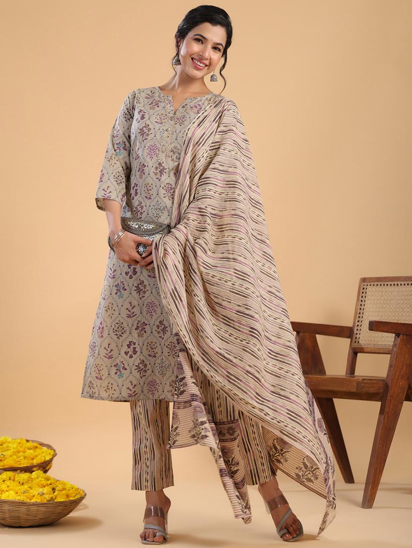 cream floral printed kurta pant set with dupatta - 21514180 - Standard Image - 1