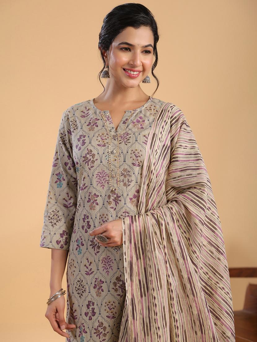 cream floral printed kurta pant set with dupatta - 21514180 - Standard Image - 4