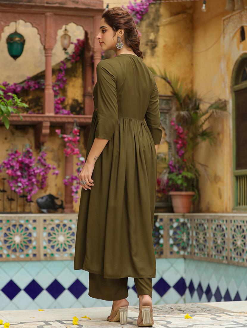 olive rayon kurta palazzo set - 21514193 - Standard Image - 4