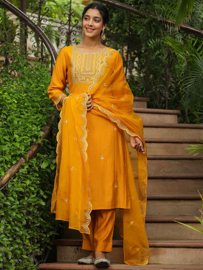 mustard silk blend kurta pant  set - 21514198 -  Standard Image - 1