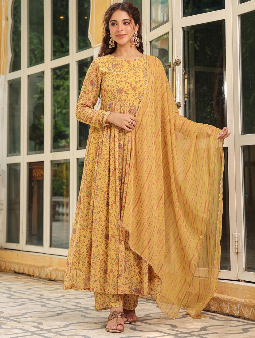 mustard floral printed kurta palazzo set with dupatta