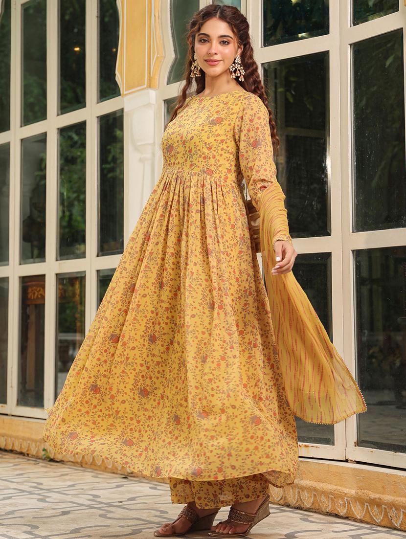 mustard floral printed kurta palazzo set with dupatta - 21514206 -  Standard Image - 1