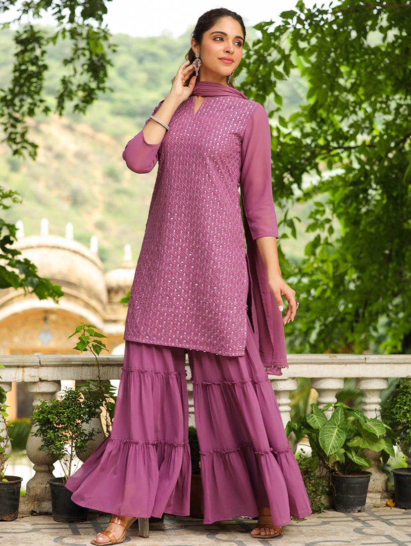lavender embroidered kurta sharara set with dupatta - 21514207 - Standard Image - 4