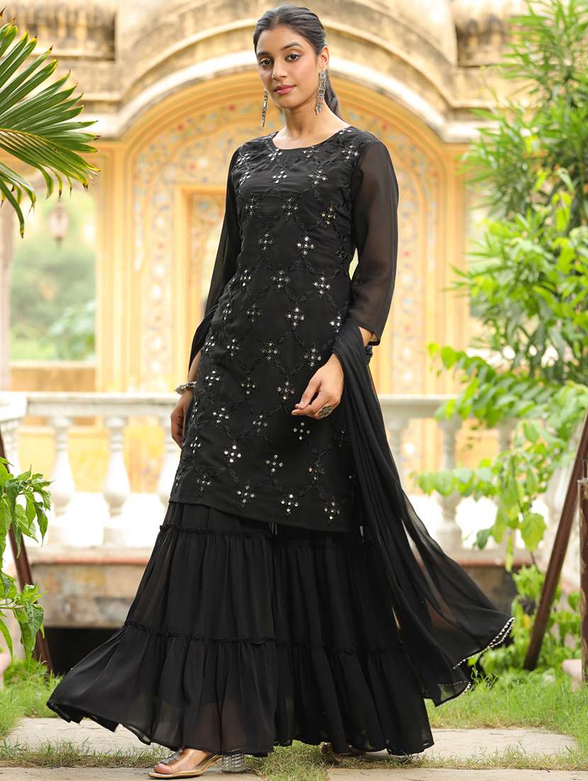 black embroidered kurta sharara set with dupatta - 21514208 -  Standard Image - 1