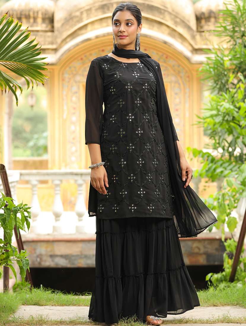 black embroidered kurta sharara set with dupatta - 21514208 -  Standard Image - 4