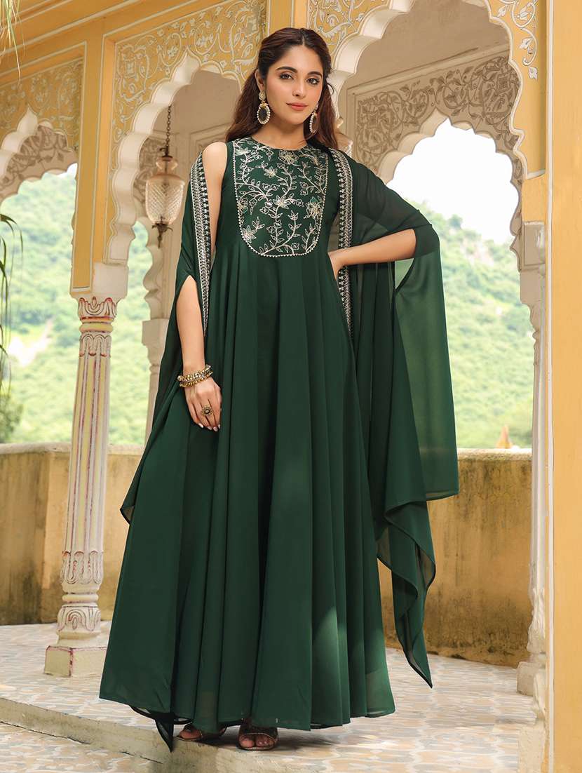 women bottle green embroidered a-line dress with jacket