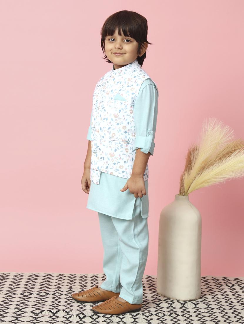 kids light blue solids kurta set with nehru jacket - 21514362 -  Standard Image - 1