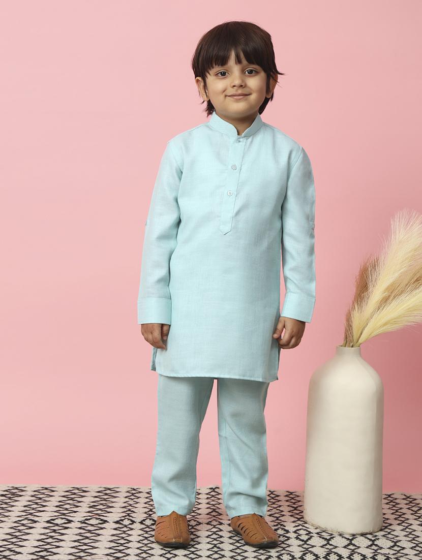 kids light blue solids kurta set with nehru jacket - 21514362 - Standard Image - 4