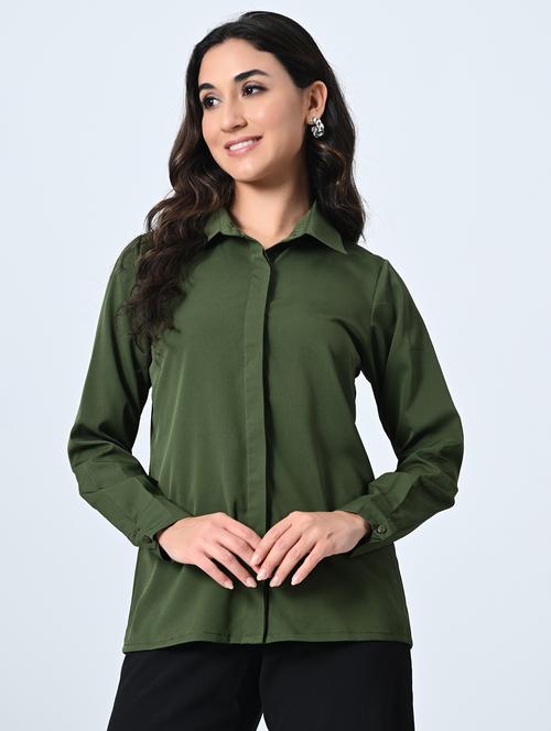 women olive crepe regular shirt - 21514382 -  Standard Image - 0