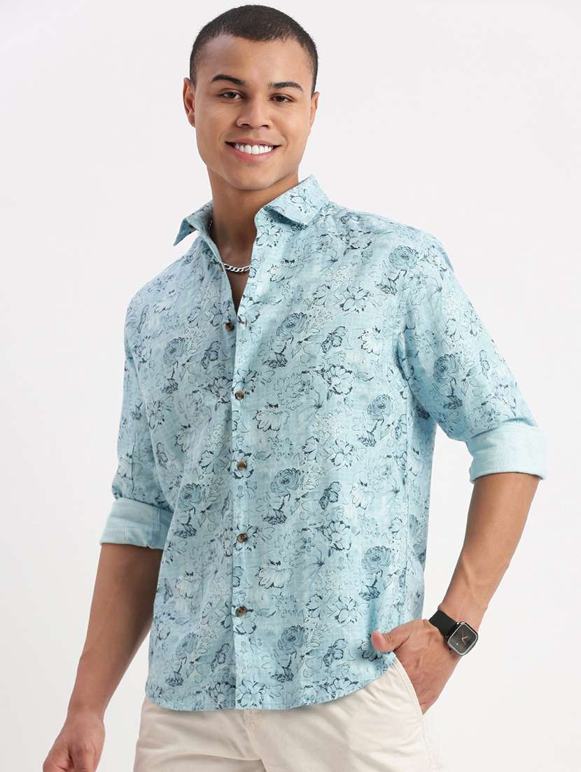 men light blue florals short sleeves casual shirt - 21514444 -  Standard Image - 1