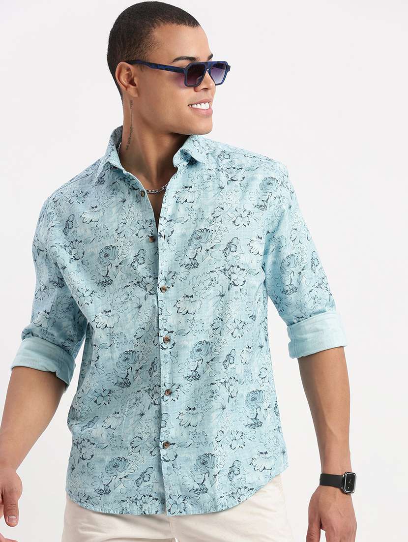 men light blue florals short sleeves casual shirt - 21514444 -  Standard Image - 4