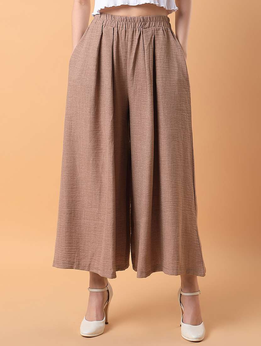 women brown cotton blend wide leg trouser