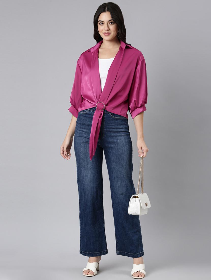 women solid collared shirt style top - 21514489 - Standard Image - 4