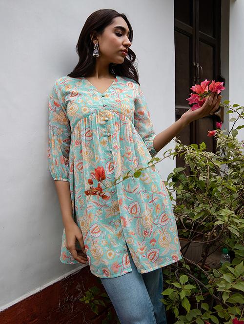 women printed three quarter sleeve flared tunic - 21514511 - Standard Image - 0