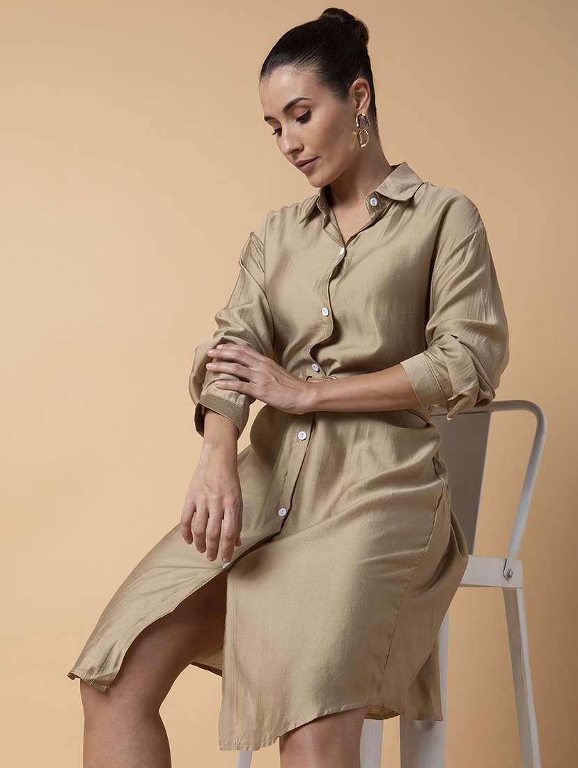 women gold solid shirt dress - 21514531 -  Standard Image - 1