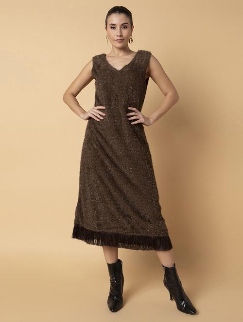 women brown solids sleeveless a-line dress - 21514532 -  Standard Image - 0
