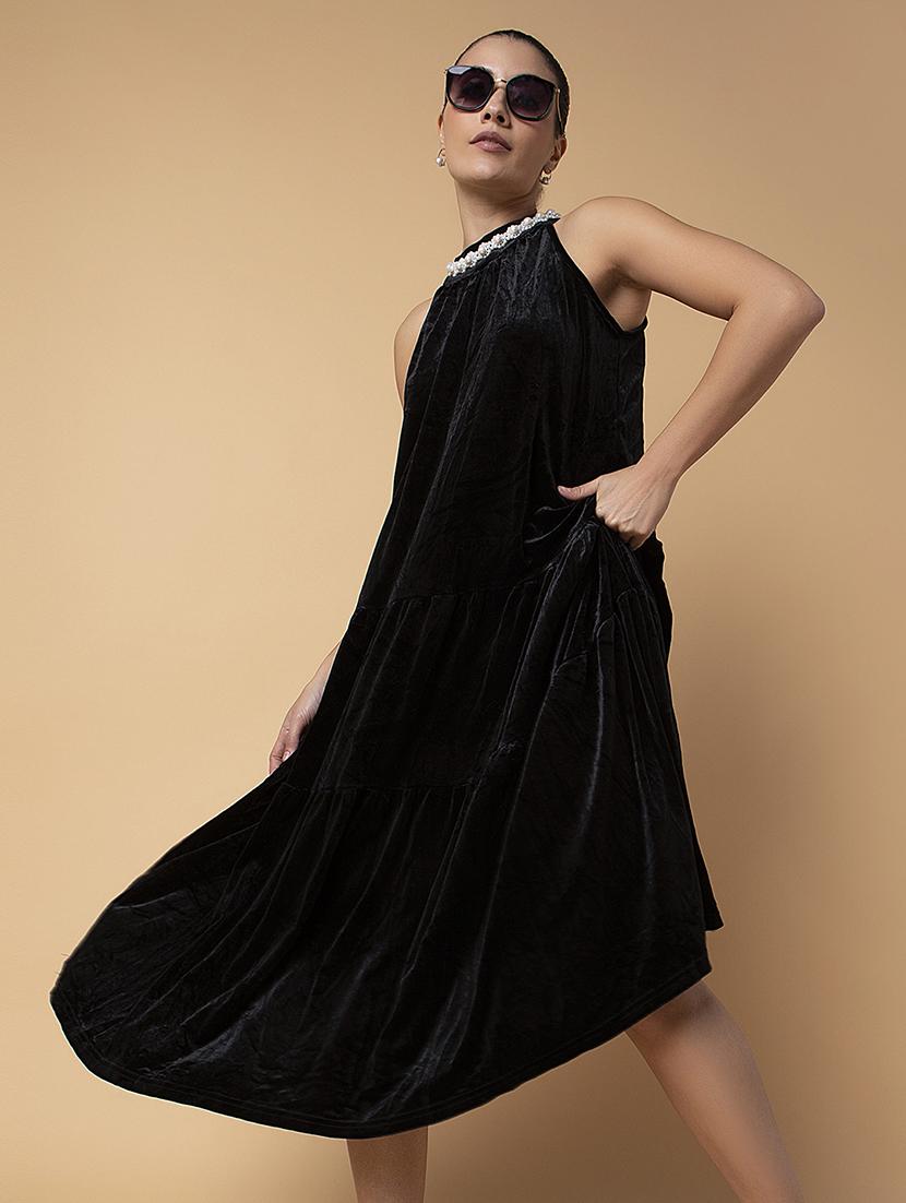 women black solid a-line dress - 21514546 - Standard Image - 1