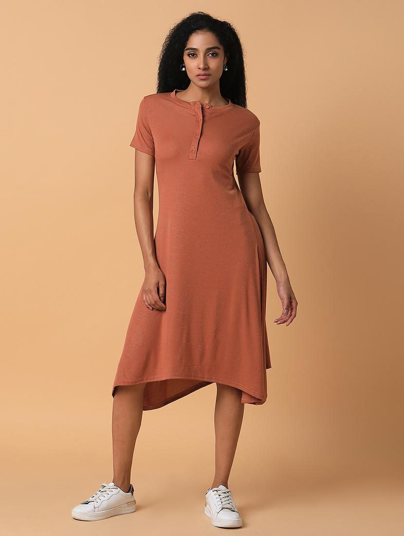 women rust solids short sleeves a-line dress - 21514550 -  Zoom Image - 0