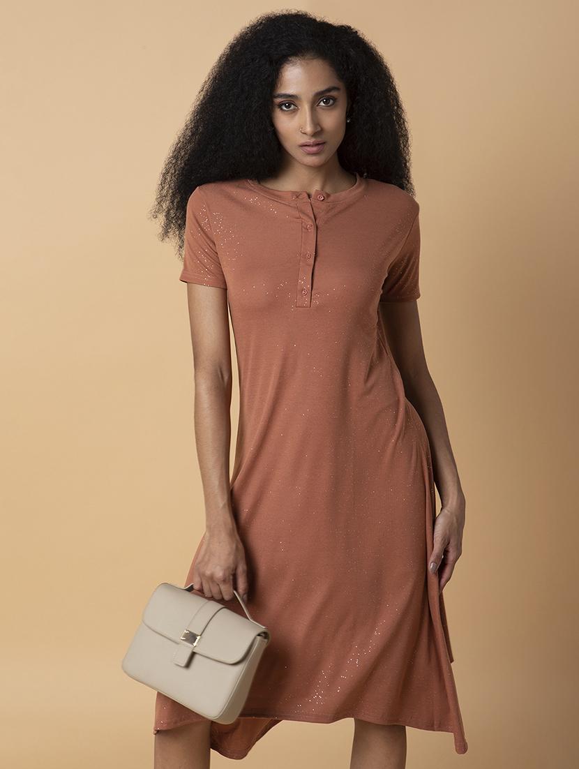 women rust solids short sleeves a-line dress - 21514550 -  Standard Image - 1
